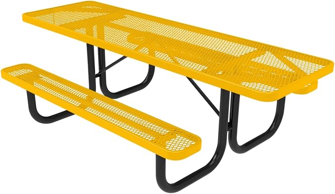COATEDOUTDOORFURNITURE Heavy-Duty Portable ADA-Compliant Outdoor Picnic Table, Expanded Metal Patio Dining Furniture Made in America (8ft Rectangular, Both-Side Handicap, Textured Yellow)