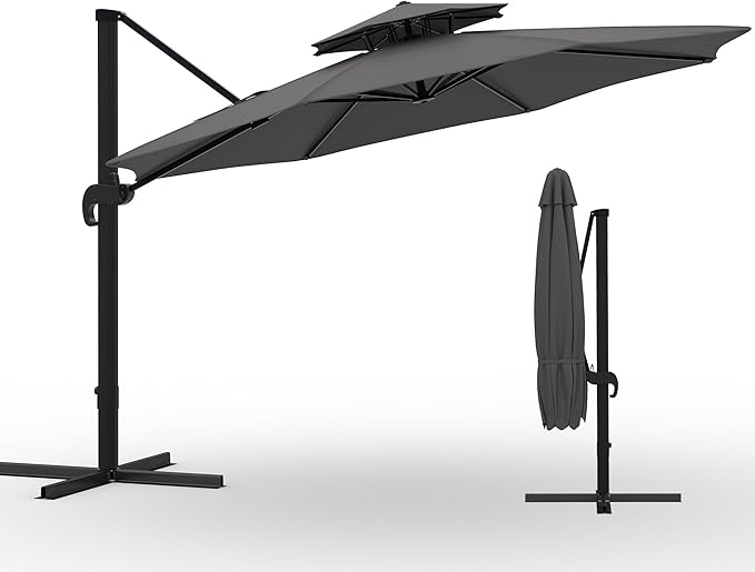 10x10 ft Round Outdoor Umbrella, Cantilever Patio Umbrella with 360° Rotation & Adjustable Height, Heavy Duty Aluminum Umbrella Outdoor Patio for Garden Poolside,Grey (Base Not Included)