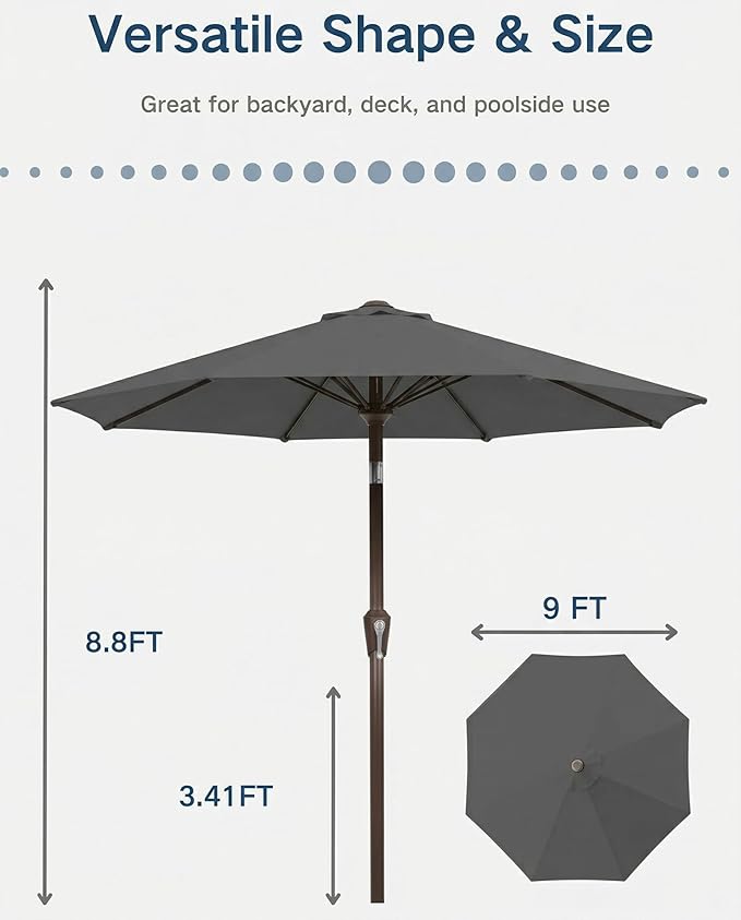 PatioKingdom Auto-Tilt 9FT Patio Umbrella Outdoor with 8 Sturdy Fiberglass Ribs,Market Table Umbrella for Pool,Backyard,Deck and Garden