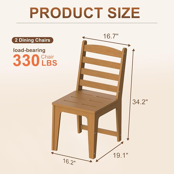 HDPE Outdoor Patio Dining Chair All Weatherproof Set of 2, Teak Color | Slatted Back Dining Armless Chair, Weatherproof Outdoor Side Chair Patio Furniture for Poolside Garden Backyard Deck Indoor