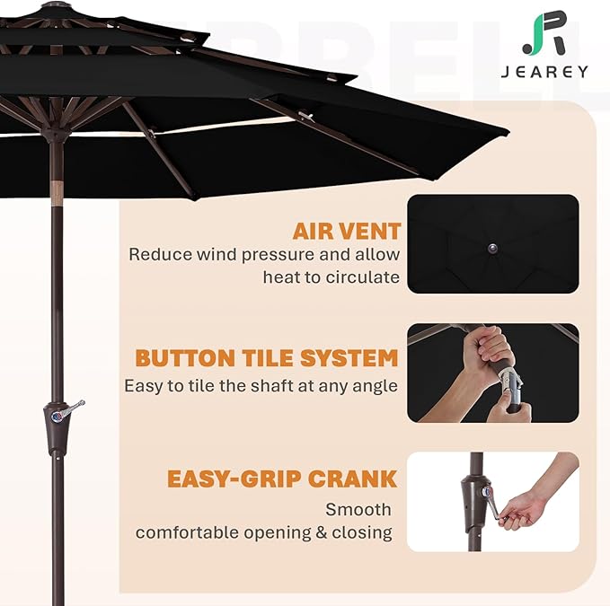 JEAREY 9FT 3 Tier Patio Umbrella Outdoor Market Umbrella Table Umbrellas with 8 Ribs 1.5 Pole Push Button Tilt and Crank UV Protection for Garden,Black