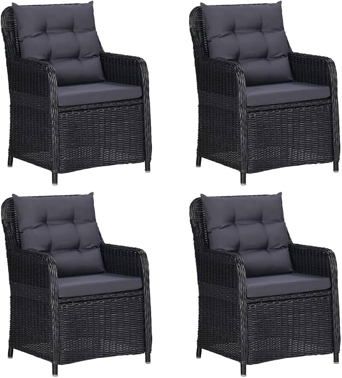 5 Piece Patio Dining Set Black Outdoor Rattan Furniture with Cushions Glass Table Steel Frame Weatherproof for Garden Backyard Deck Entertaining