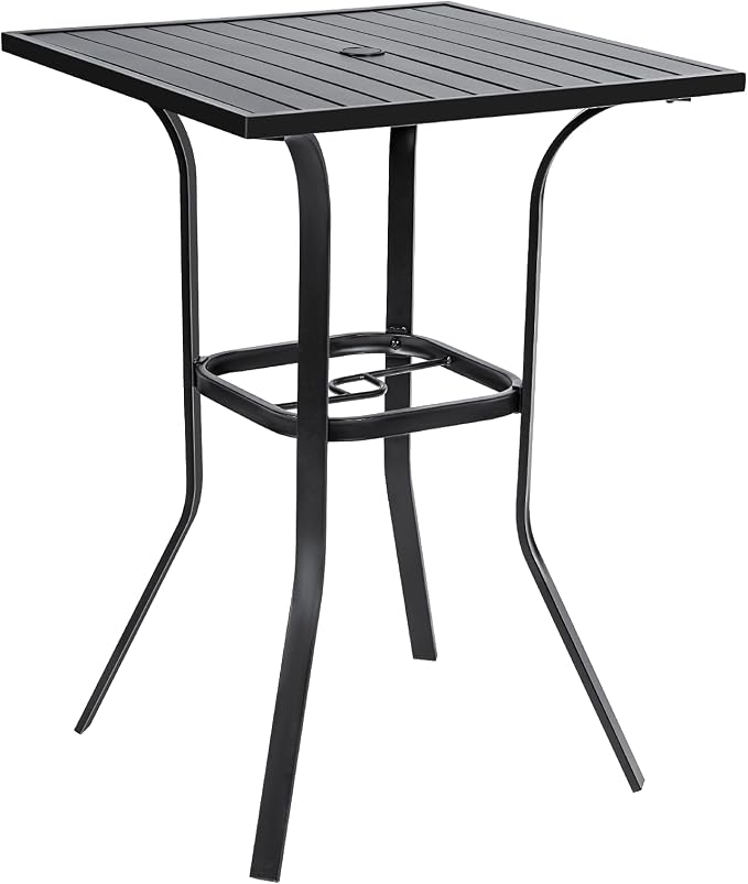Incbruce Patio High Bar Table, 39" Height Bistro Table with 1.57'' Umbrella Hole, Square Outdoor High Top Table Metal Steel Frame and Slat Design (Slatted Tables Top), Black