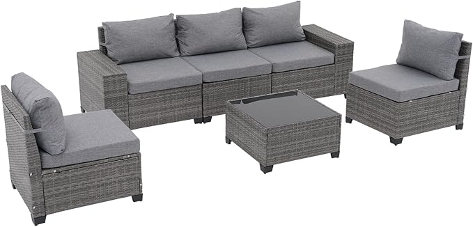 JOIVI 6 Pieces Outdoor Patio Furniture Set, Rattan Patio Conversation Set with Coffee Table, L-Shaped Wicker Outdoor Sectional Sofa Set with Wide Armrest and Cushions for Garden, Deck, Porch, Gray