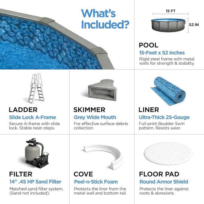 AquaDoc Coventry Round Steel Wall Above Ground Pool Kit 15' x 52" in Pewter Gray Finish with Sand Filter, Ladder, Skimmer, 25 Gauge Liner, Floor Pad and Cove Elite Package - Made in North America
