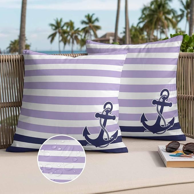 Throw Pillow Covers 20x20 Inch Set of 2, Anchor Purple Waterproof Outdoor Cushion Covers, Modern Navy Blue White Striped Nautical Decorative Pillowcases for Couch, Sofa, Bed, Garden, Patio