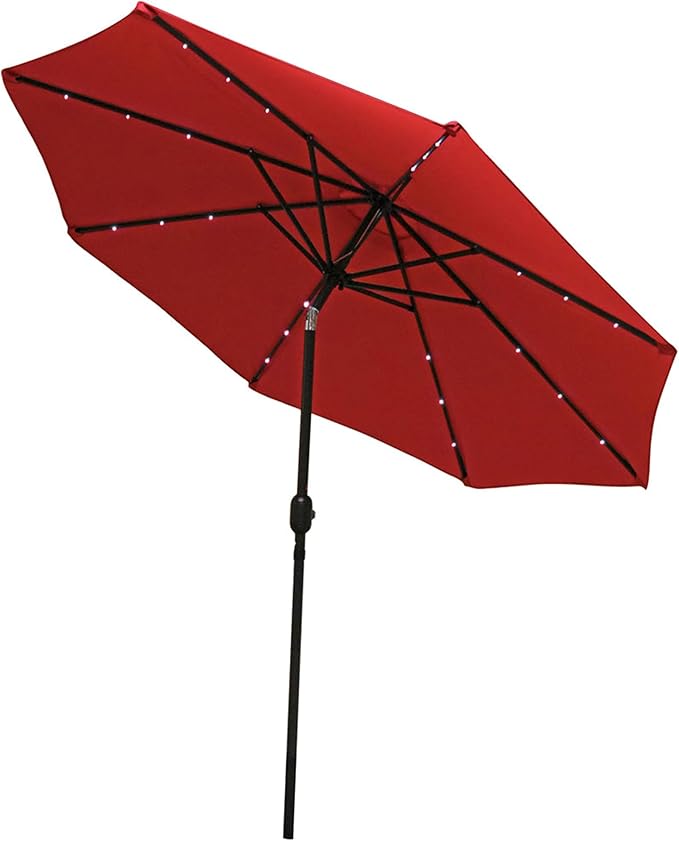 Sunnydaze 9 ft Outdoor Patio Umbrella with Solar Lights - Polyester LED Table Market Umbrella with Push-Button Tilt and Crank - Red