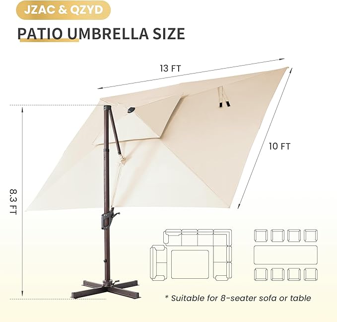 JZAC & QZYD 10X13 FT Outdoor Cantilever Patio Umbrella with LED Lights, Large Heavy Duty 2-Tier Aluminum Offset Umbrellas with 360-Degree Rotation for Pool Deck, Beige