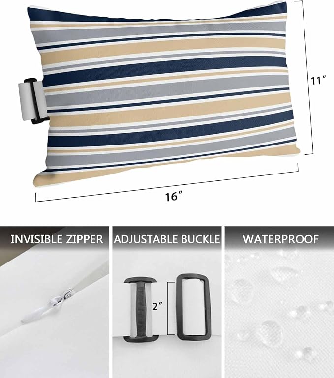 Pack of 4 Outdoor Lumbar Pillow Covers 11x16 Inch, Khaki Grey Striped Waterproof Throw Pillow Covers Set, Navy Blue Farmhouse Stripes Abstract Art Outside Decorative Cushion Cases for Patio Porch Car