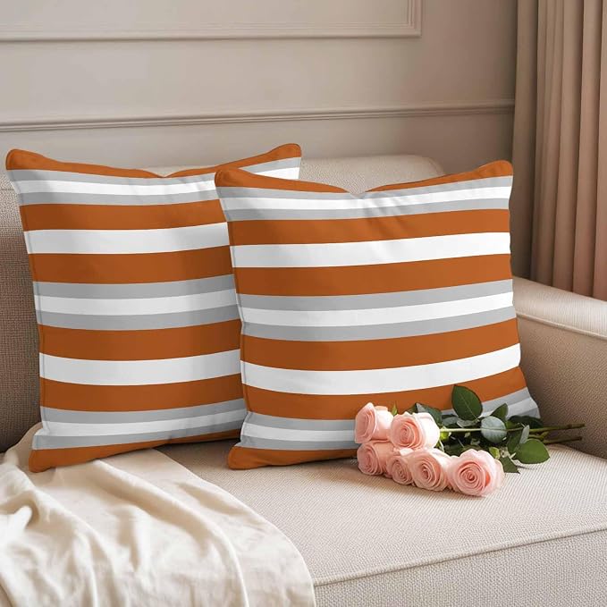 Throw Pillow Covers 24x24 Inch Set of 2, Burnt Orange Grey Stripe Waterproof Outdoor Pillow Covers, Minimalist Farmhouse Striped Decorative Cushion Pillowcases for Couch, Sofa, Bed, Garden, Patio