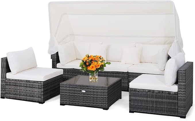 Tangkula 6-Piece Patio Furniture Set w/Retractable Canopy, Outdoor Conversation Set w/3-Seat Daybed Sofa, Soft Cushions and Tempered Glass Coffee Table, All-Weather PE Rattan Sectional Sofa Set