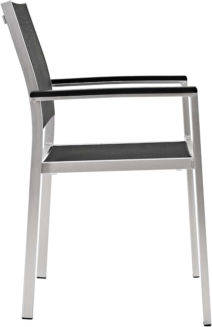 Modway Shore 7-Piece Aluminum Outdoor Patio Furniture Dining Set with Extendable 62 to 94 Inch Dining Table and Six Dining Arm Chairs in Silver Black