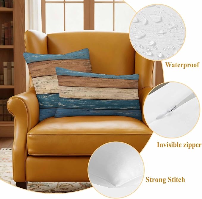 Farmhouse Navy Blue Brown Outdoor Waterproof Pillow Covers, Vintage Wooden Striped Decorative Square Throw Pillowcase Sofa Cushion Sham for Patio/Couch/Chair, 18"x18" 2 Pack