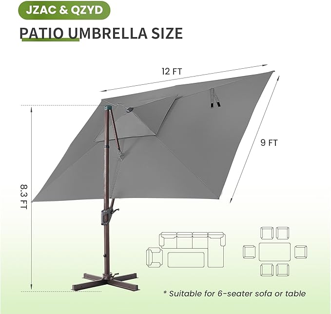 JZAC & QZYD 9x12 FT Outdoor Cantilever Patio Umbrella with LED Lights, Large Heavy Duty 2-Tier Aluminum Offset Umbrellas with 360-Degree Rotation for Pool Deck, Grey