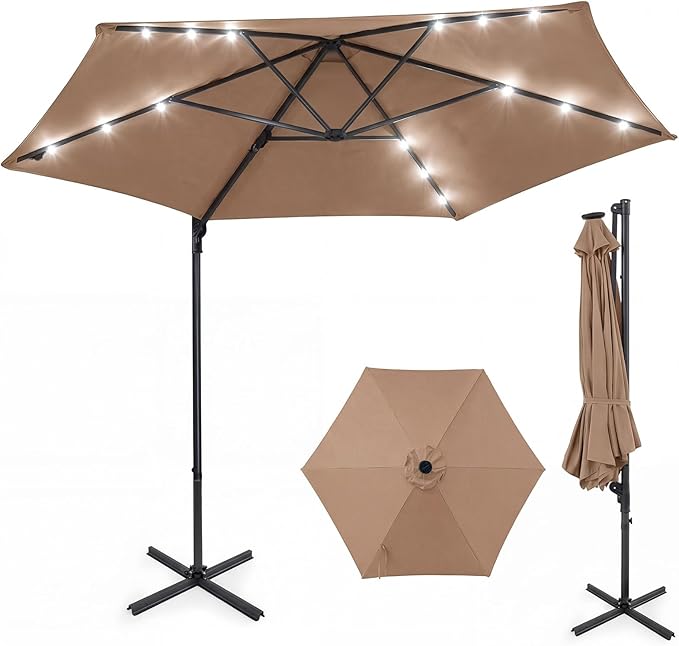 Tangkula 10ft Patio Umbrella with Solar Lights, Offset Cantilever Outdoor Umbrella with LED Lights, 360 Degree Rotation, Air Vent for Pool Deck Garden Backyard (Tan)