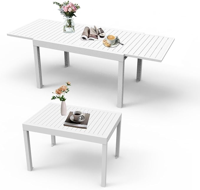 Aluminum Patio Extendable Dining Table 35" 71", Adjustable Indoor Outdoor Patio Dining Table with E Coating for 4 6 Person GLawn Porch Furniture, Elegant Ivory White