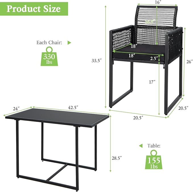 Tangkula 3 Pieces Outdoor Dining Set, PE Rattan Patio Furniture Set with Folding Backrest, Cozy Seat Cushions, Tempered Glass Tabletop, Space-Saving Bistro Table and Chairs Set of 2 for Backyard Pool