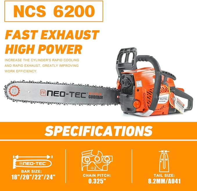 NEO-TEC 20 Inch 62CC Gas Powered Chainsaw 2-Cycle Petrol 3.5HP Handheld Reliable Motosierra De Gasolina for Tree Pruning Wood Cutting Firewood Preparation & Yard Maintenance