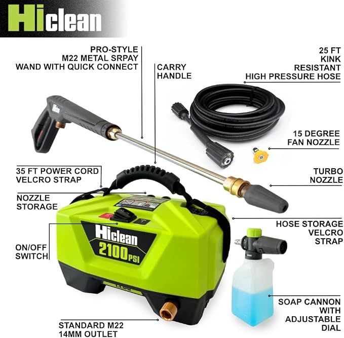Hiclean Electric Pressure Washer 2100 PSI - Portable Power Washer for Car Detailing, Patios, Fences and Outdoor Cleaning, Compact Design with Foam Cannon, Turbo and Fan Nozzles, ETL Certified