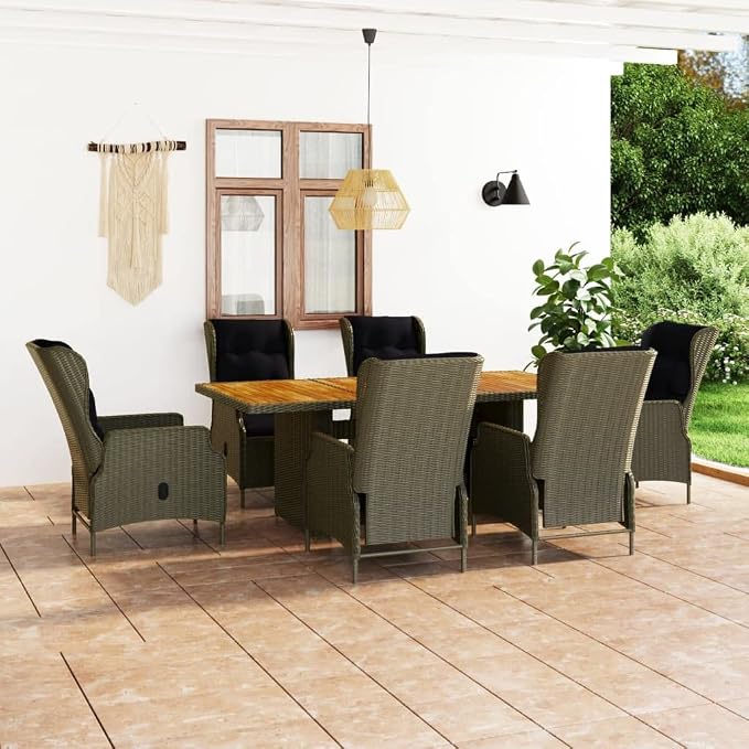 7 Piece Patio Dining Set with Cushions, PE Rattan Brown Outdoor Furniture Set with Adjustable Reclining Armchairs and Solid Wood Tabletop