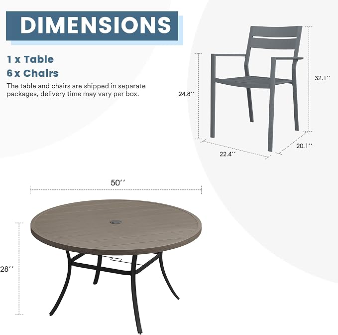 DIFY 7 Piece Outdoor Patio Dining Set for 6, Patio Table and Chairs Set with Umbrella Hole, 50" Round Dining Table and Stackable Metal Chairs for Backyard Garden Poolside, Grey Wood-Like & Grey