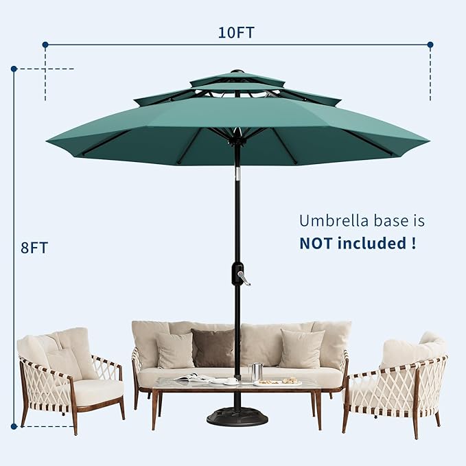 Garvee 10Ft 3-Tier Patio Umbrella, Outdoor Table Umbrella with Vents, Easy Crank and Push Button Tilt, Market Umbrella with 8 Sturdy Ribs for Pool, Deck, Yard, Garden -Turquoise