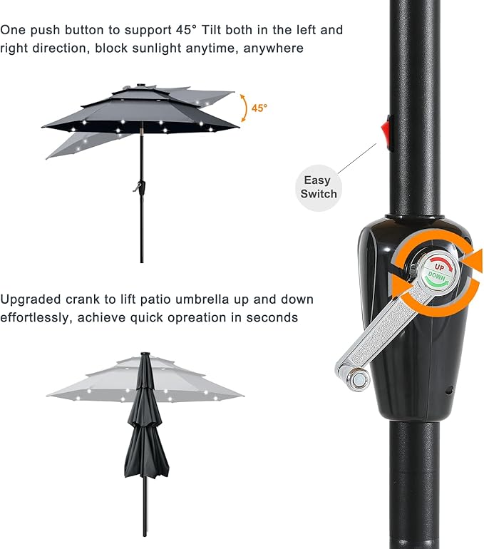 ABCCANOPY 3-Tiers 11FT Solar Patio Umbrella, Outdoor Umbrella with 32 LED Lights for for Deck, Pool, Garden, Backyard (Dark Gray)