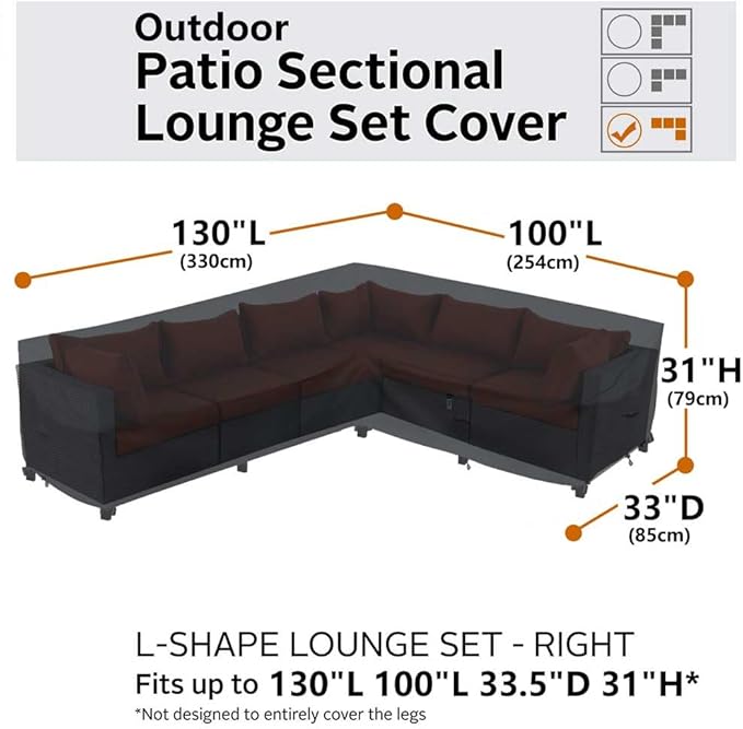 Heavy Duty Outdoor Sectional Sofa Cover, Waterproof 600D Patio Sectional Couch Covers, Lawn Patio Furniture Cover (Midnight Black, 130"x100"(L-Shaped-Right Facing))