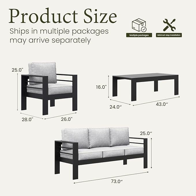 LayinSun Outdoor Aluminum Furniture Set, 4 Pieces Patio Sectional Conversation Chat Sofa Modern Seating Set with Coffee Table