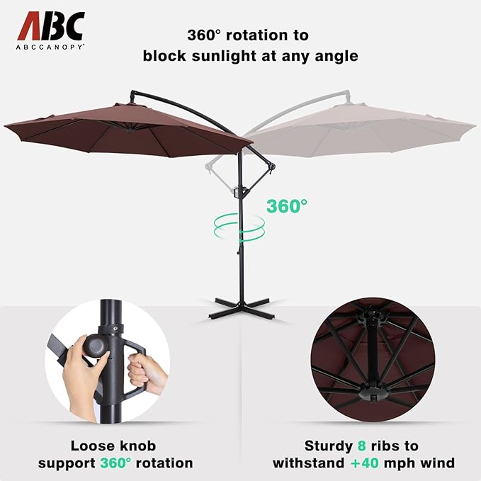 ABCCANOPY 10FT Cantilever Patio Umbrella with base included, 360° Rotation Outdoor Offset Umbrella for Backyard, Deck, Poolside (Brown)