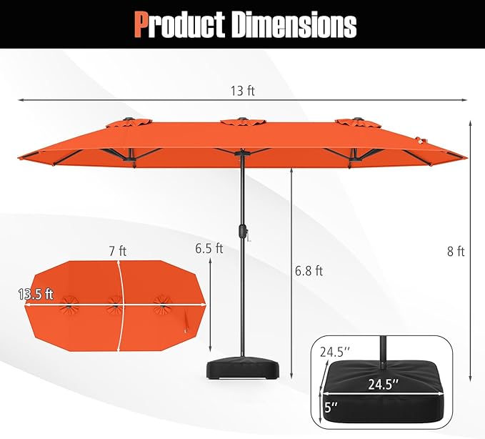 Tangkula 13FT Double-sided Patio Umbrella, Extra Large Twin Table Umbrella with Crank Handle, Umbrella Base, Safety Lock, Air Vent, Outdoor Market Umbrella for Garden Pool Backyard (Orange)