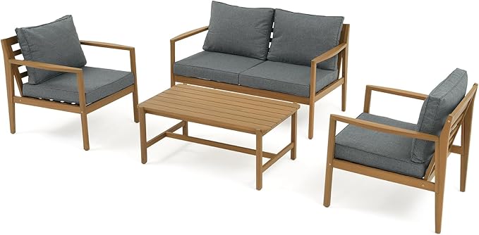 SUNSITT 4 Piece Acacia Wood Patio Furniture Set, Outdoor Conversation Sofa Set with Coffee Table & Cushions for Garden, Backyard, Dark Grey