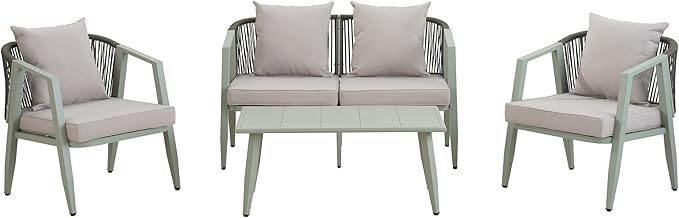 Montary 4-Piece Outdoor Patio Furniture Set, U-Shaped Iron-Frame Conversation Set with Weather-Resistant Cushions & Metal Coffee Table - Durable for Garden, Backyard, Balcony, Poolside (Green)