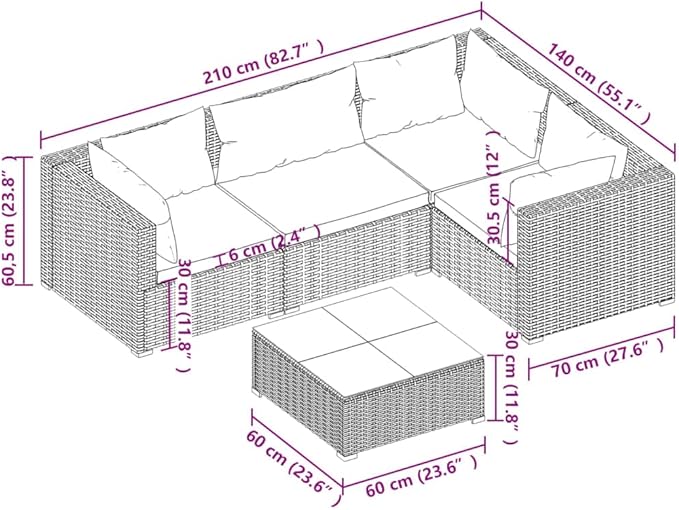 5 Piece Patio Lounge Set with Cushion, Piece Patio Set Outdoor Patio Sectional Patio Lounge Set Furniture Conversation Sets s Poly Rattan Brown