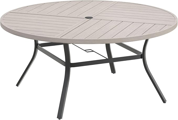 DIFY 53.1" Round Outdoor Patio Dining Table for 6-8, All-Weather Metal Steel Slatted Patio Table with 1.57" Adjustable Umbrella Hole, for Lawn Garden Porch Backyard, Grey Wood-Like