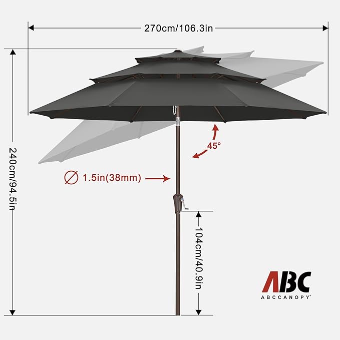 ABCCANOPY 9Ft 3 Tiers Market Umbrella, Outdoor Table Umbrella for Patio, Deck, Backyard (Dark Gray)