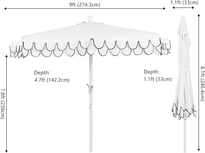 Eyely BMU1202 Noah 9 ft. Classic MidCentury Scalloped Fringe Market Patio Half Umbrella with Crank for Garden, Pool & Deck, Tilt Button and UV Protection
