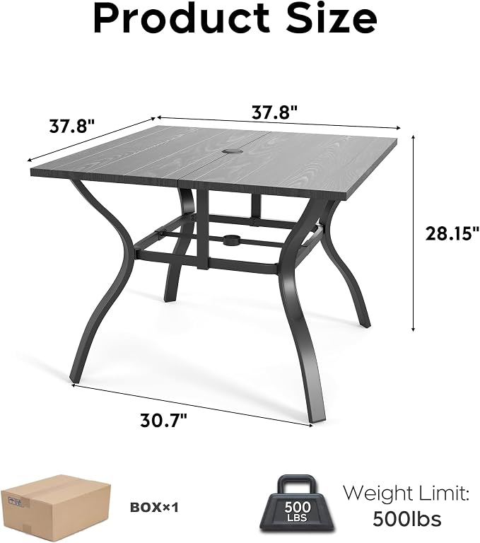5-Piece Outdoor Patio Dining Set 37.8" Square Wood-Grain Metal Table with Umbrella Hole 4 Metal Chairs 350 lbs Capacity Ergonomic Slat Design Quick Assembly for Garden Black