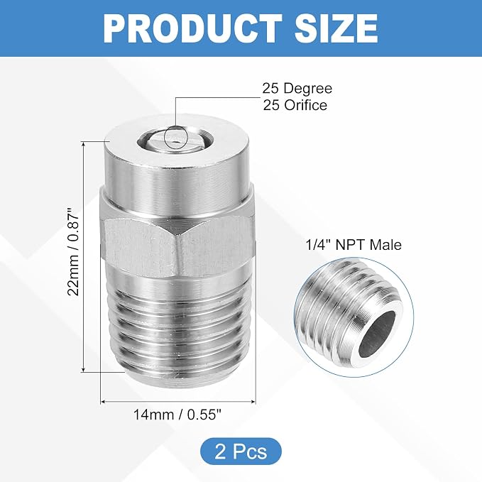 uxcell 2Pcs Pressure Washer Nozzle, Stainless Steel Thread Nozzles Tips, Universal Replacement for Undercarriage Cleaner Water Broom, 1/4 Inch NPT Male, 25 Degree 025 Orifice
