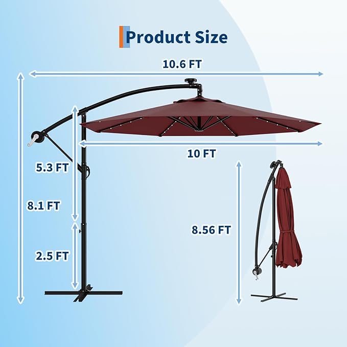 10FT Solar Cantilever Umbrella with LED Lights, Offset Patio Umbrella with Easy Lift & Tilt Adjustment, UV Protection & Fade Resistant, for Deck, Pool, Garden, Backyard, Tanning
