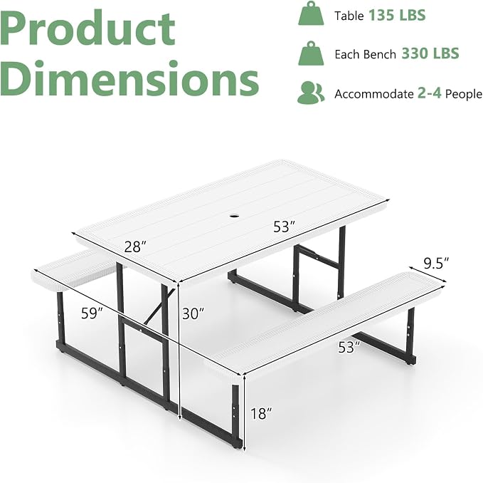 Picnic Table Set for 2-4 People, Umbrella Hole, Heavy-Duty Metal Frame & 2 Benches, HDPE Rectangular Outdoor Dinning Table & Benches for Outside, Patio, Garden, Backyard, Porch (White)