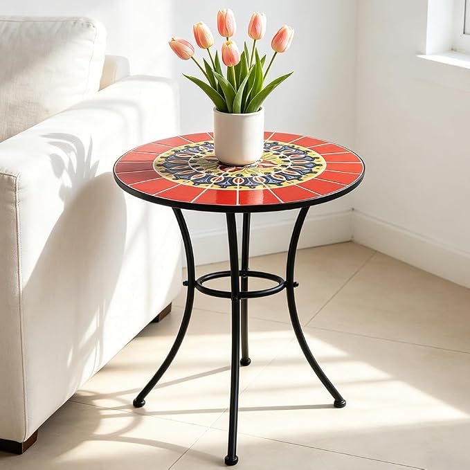 23.6" Outdoor Patio Mosaic Round Table Garden Bistro Accent Table | Ceramic Tile Waterptoof Side End Table Metal Frame Dining Table Furniture for Balcony Backyard Porch Poolside Terrace