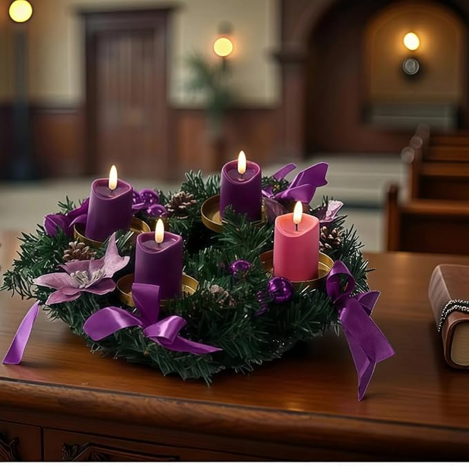 Simplelight Advent Candles, Purple & Pink Flameless Votive Candles with Timer, Advent Wreath with Flameless Candles, Realistic Black Wick, Set of 6-Battery Included (Purple Pink)