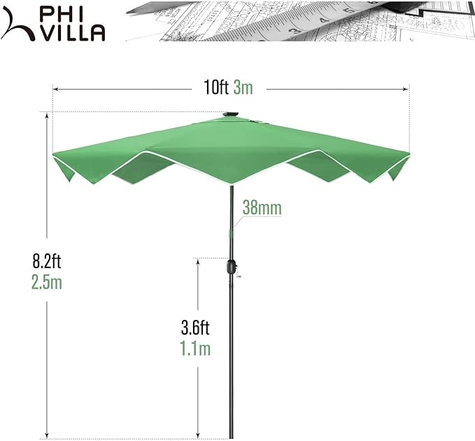 PHI VILLA 10ft Patio Umbrellas with 24 pcs LED Solar Lights, Outdoor Market Table Lighted Umbrella with 8 Steel Ribs, Tilt for UV-Resistant, Lotus Leaf Shape Canopy, Green