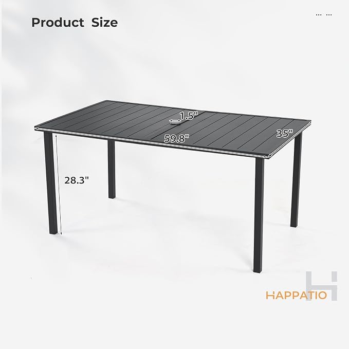 HAPPATIO Outdoor Dining Table for 6, Large Rectangular Metal Patio Table with 1.5" Umbrella Hole, Powder-Coated Frame for All-Weather, Black, Modern Style