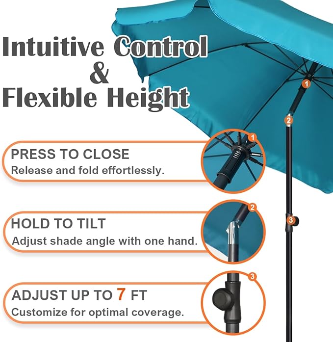 Blissun 6.5ft Patio Umbrella with Push Button Tilt & Height Adjustable, UV50+ Sun Protection with Sturdy Fiberglass Ribs & Iron Pole, Market Umbrella for Outdoor Table Garden Backyard Beach