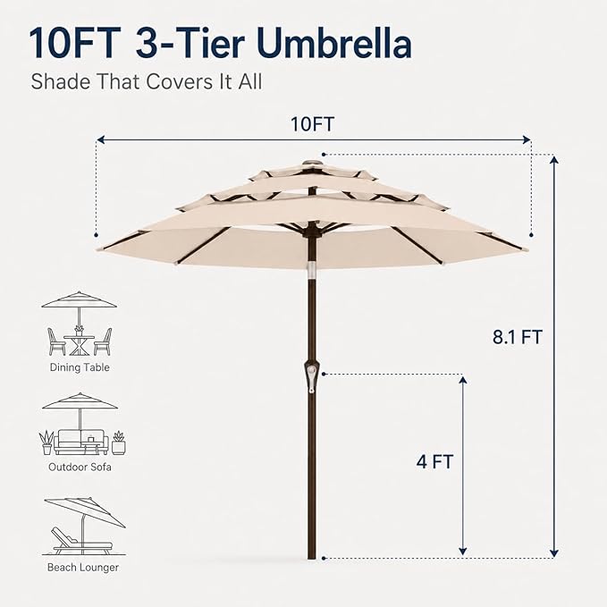 10ft Patio Umbrella, 3-Tier Vented Outdoor Table Umbrella with 8 Sturdy Fiberglass Ribs, Windproof Market Umbrella with Push Button Tilt and Crank, UV Protection for Deck, Pool, Beige