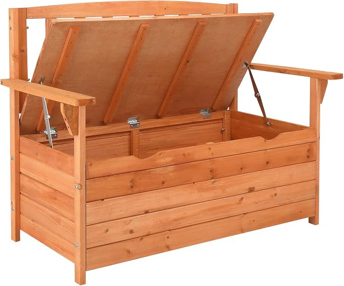 Wood Deck Box Bench, Storage Box with Backrest Armrest, All-Weather Yard Container Furniture for Tools, Toys, Outdoor Storage Bench Deck Box w/Seat for Backyard, Porch, Patio, Garden ,Orange Red