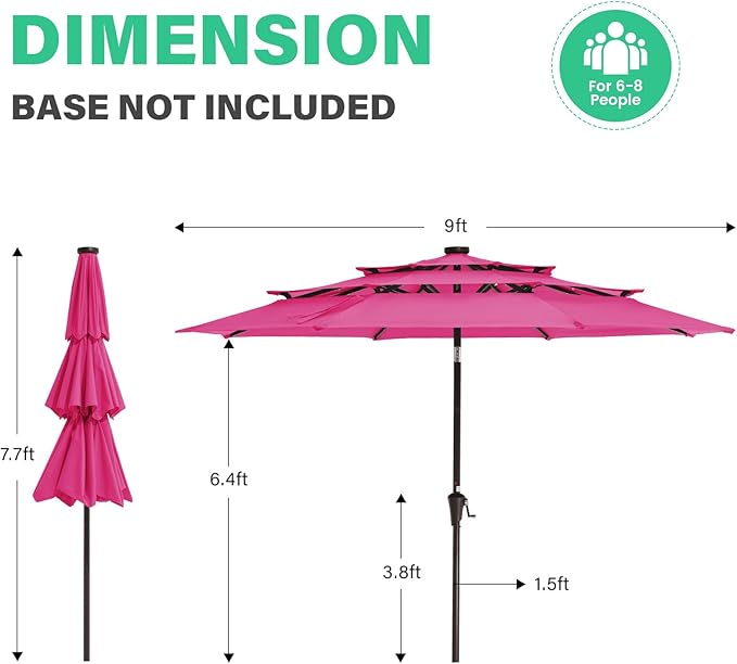 JEAREY 3 Tiers Patio Umbrella with Solar Lights 9ft Outdoor Market Table Umbrellas with Push Button Tilt for Outside Pool Garden, Pink