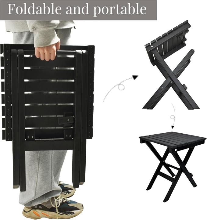 HDPE Outdoor Side Table Small End Square Table Folding Coffee Furniture for Patio, Garden, Balcon, Pool, Outside Portable Black